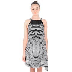 Tiger Head Halter Collar Waist Tie Chiffon Dress by BangZart