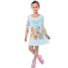 Watercolor Floral Blue Cute Butterfly Illustration Kids  Long Sleeve Velvet Dress by paulaoliveiradesign