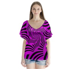 Black Spral Stripes Pink Flutter Sleeve Top by designworld65