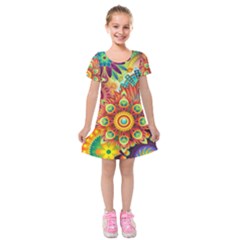 Colorful Abstract Pattern Kaleidoscope Kids  Short Sleeve Velvet Dress by paulaoliveiradesign