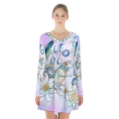 Funny, Cute Frog With Waterlily And Leaves Long Sleeve Velvet V-neck Dress by FantasyWorld7