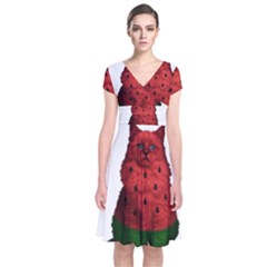 Watermelon Cat Short Sleeve Front Wrap Dress by Valentinaart