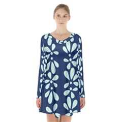 Star Flower Floral Blue Beauty Polka Long Sleeve Velvet V-neck Dress by Mariart