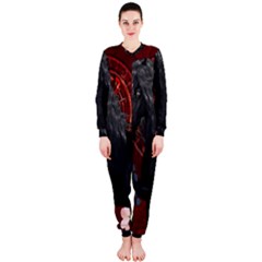 Awesmoe Black Horse With Flowers On Red Background Onepiece Jumpsuit (ladies)  by FantasyWorld7