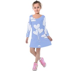 Clouds Sky Air Balloons Heart Blue Kids  Long Sleeve Velvet Dress by Nexatart