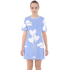 Clouds Sky Air Balloons Heart Blue Sixties Short Sleeve Mini Dress by Nexatart