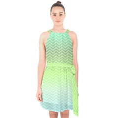 Green Line Zigzag Pattern Chevron Halter Collar Waist Tie Chiffon Dress by Nexatart