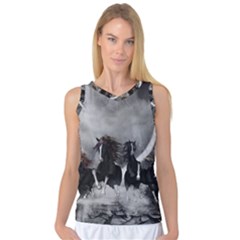 Awesome Wild Black Horses Running In The Night Women s Basketball Tank Top by FantasyWorld7