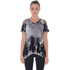 Awesome Wild Black Horses Running In The Night Cut Out Side Drop Tee by FantasyWorld7