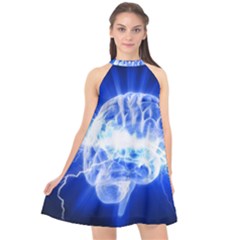 Lightning Brain Blue Halter Neckline Chiffon Dress  by Mariart