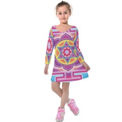 Kali Yantra Inverted Rainbow Kids  Long Sleeve Velvet Dress by Mariart