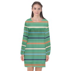 Horizontal Line Green Red Orange Long Sleeve Chiffon Shift Dress  by Mariart