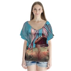 Modern Norway Painting V-neck Flutter Sleeve Top by NouveauDesign