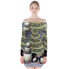 Funny Snowman With Penguin And Christmas Tree Long Sleeve Off Shoulder Dress by FantasyWorld7