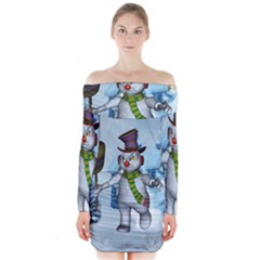 Funny Grimly Snowman In A Winter Landscape Long Sleeve Off Shoulder Dress by FantasyWorld7