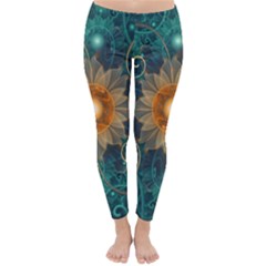 Beautiful Tangerine Orange And Teal Lotus Fractals Classic Winter Leggings by jayaprime