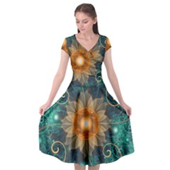 Beautiful Tangerine Orange And Teal Lotus Fractals Cap Sleeve Wrap Front Dress by jayaprime