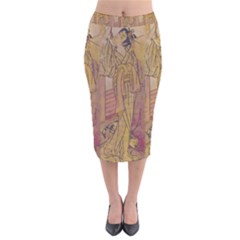 Japanese Geisha With Cat Illustration Velvet Midi Pencil Skirt by paulaoliveiradesign