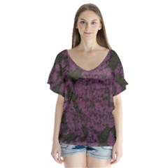 Purple Black Red Fabric Textile V-neck Flutter Sleeve Top by Celenk