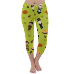 Pilgrims And Indians Pattern - Thanksgiving Capri Winter Leggings  by Valentinaart