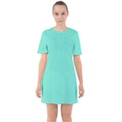 White Polkadot Hearts On Tiffany Aqua Blue  Sixties Short Sleeve Mini Dress by PodArtist