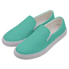 White Polkadot Hearts On Tiffany Aqua Blue  Men s Canvas Slip Ons by PodArtist