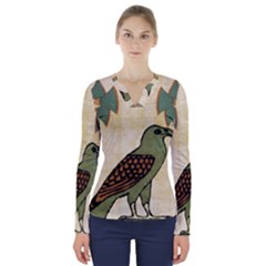 Egyptian Paper Papyrus Bird V-neck Long Sleeve Top by Celenk