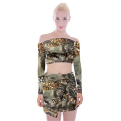 Texture Textile Beads Beading Off Shoulder Top With Mini Skirt Set by Celenk