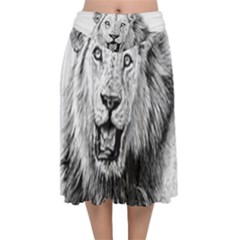 Lion Wildlife Art And Illustration Pencil Velvet Flared Midi Skirt by Celenk