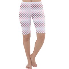 Small Christmas Red Polka Dot Hearts On Snow White Cropped Leggings  by PodArtist