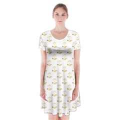 Gold Scales Of Justice On White Repeat Pattern All Over Print Short Sleeve V-neck Flare Dress by PodArtist