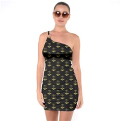 Gold Scales Of Justice On Black Repeat Pattern All Over Print  One Soulder Bodycon Dress by PodArtist