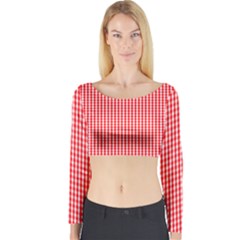 Small Snow White And Christmas Red Gingham Check Plaid Long Sleeve Crop Top by PodArtist