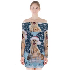 It s Winter And Christmas Time, Cute Kitten And Dogs Long Sleeve Off Shoulder Dress by FantasyWorld7