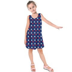 Patriotic Red White Blue Stars Blue Background Kids  Sleeveless Dress by Celenk