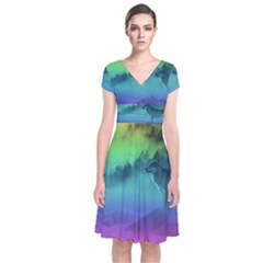 Yellowstone Wolfs Sunset Short Sleeve Front Wrap Dress by PodArtist