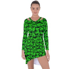 Bright Neon Green Catmouflage Asymmetric Cut-out Shift Dress by PodArtist