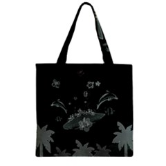 Surfboard With Dolphin, Flowers, Palm And Turtle Zipper Grocery Tote Bag by FantasyWorld7