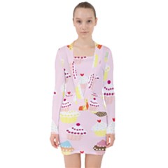 Cupcakes Wallpaper Paper Background V-neck Bodycon Long Sleeve Dress by Celenk