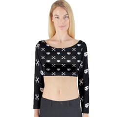 White Pixel Skull Pirate Long Sleeve Crop Top by jumpercat