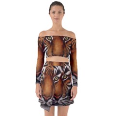 The Tiger Face Off Shoulder Top With Skirt Set by Celenk