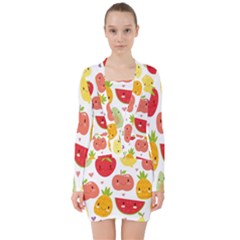 Happy Fruits Pattern V-neck Bodycon Long Sleeve Dress by Bigfootshirtshop