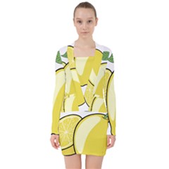 Lemon Fruit Green Yellow Citrus V-neck Bodycon Long Sleeve Dress by BangZart