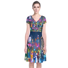 Abstract Vibrant Colour Cityscape Short Sleeve Front Wrap Dress by BangZart