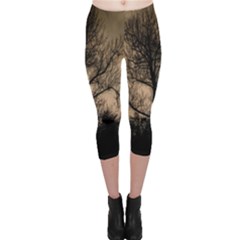 Tree Bushes Black Nature Landscape Capri Leggings  by BangZart