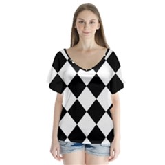 Grid Domino Bank And Black V-neck Flutter Sleeve Top by BangZart