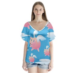 Flying Piggys Pattern V-neck Flutter Sleeve Top by Bigfootshirtshop