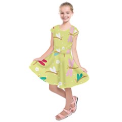 Colorful Dragonflies And White Flowers Pattern Kids  Short Sleeve Dress by Bigfootshirtshop