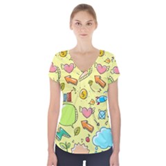 Cute Sketch Child Graphic Funny Short Sleeve Front Detail Top by Celenk