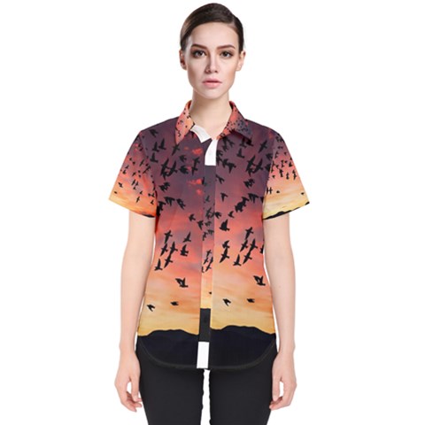 Sunset Dusk Silhouette Sky Birds Women s Short Sleeve Shirt by Celenk